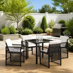 Outdoor Garden Dining Set 5-Piece Black Poly Rattan Furniture Patio Table Chairs
