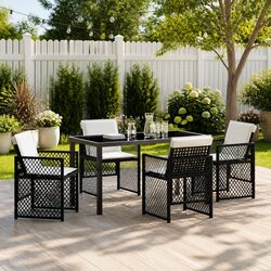 Garden Dining Set 5 Pieces Black Outdoor Furniture Poly Rattan Seats Glass Top