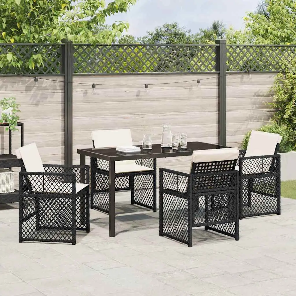 Garden Dining Set 5 Pieces Tempered Glass Top Black Poly Rattan Outdoor Furniture