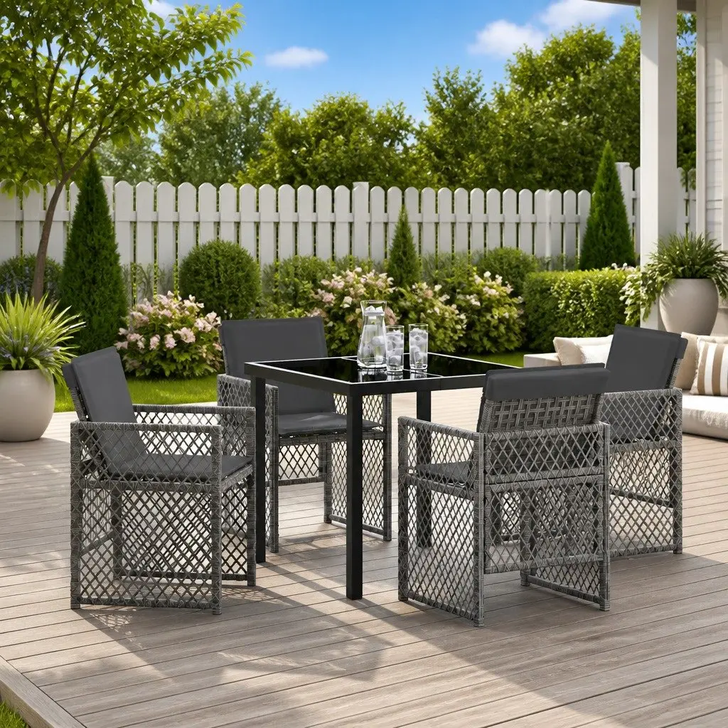 Garden Dining Set 5 Piece Modern Grey Poly Rattan Outdoor Furniture Table Chairs