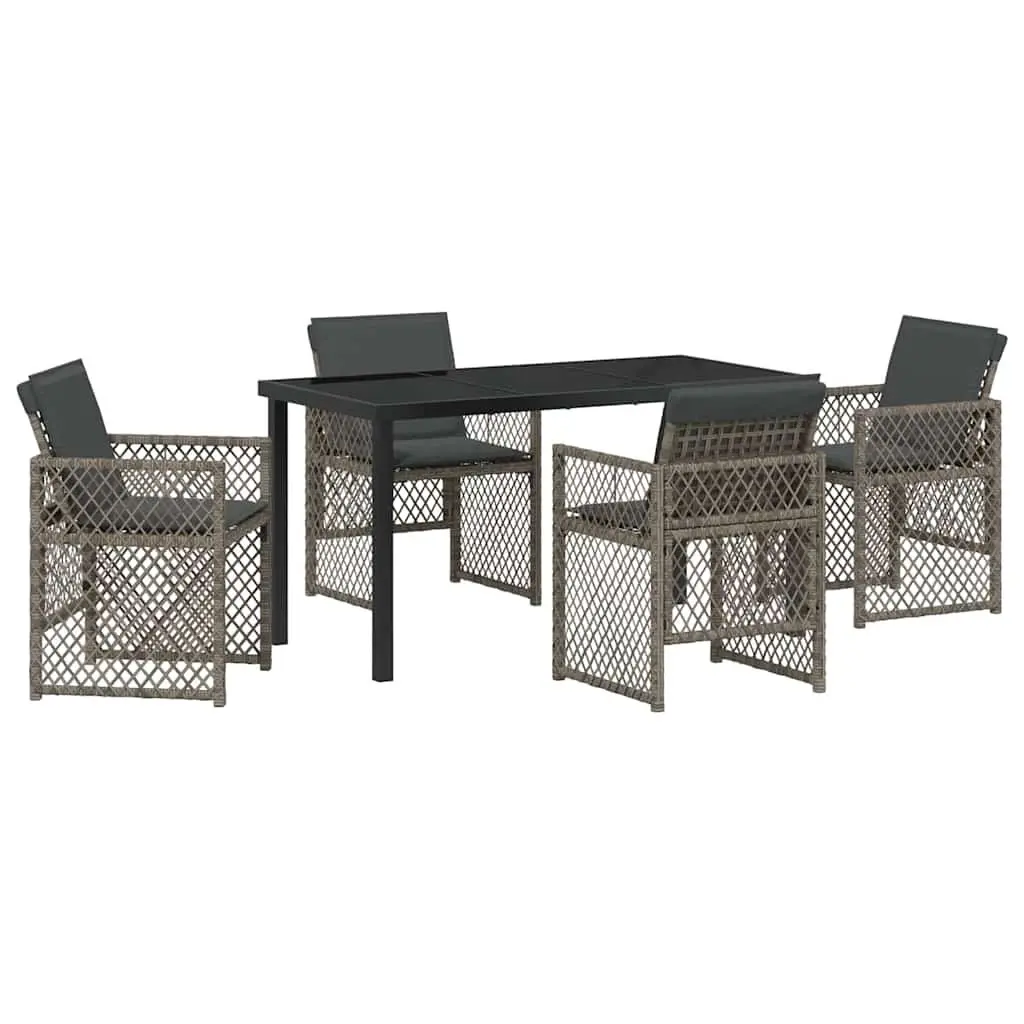 Garden Dining Set 5 Pieces Grey Poly Rattan Outdoor Furniture with Tempered Glass Table and Steel Frame