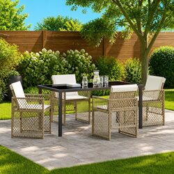 Garden Dining Set 5 Pieces Outdoor Furniture Poly Rattan Beige Tempered Glass