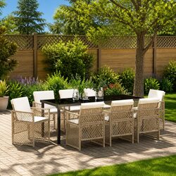 Outdoor Garden Dining Set 9 Piece Beige Poly Rattan Patio Furniture with Glass