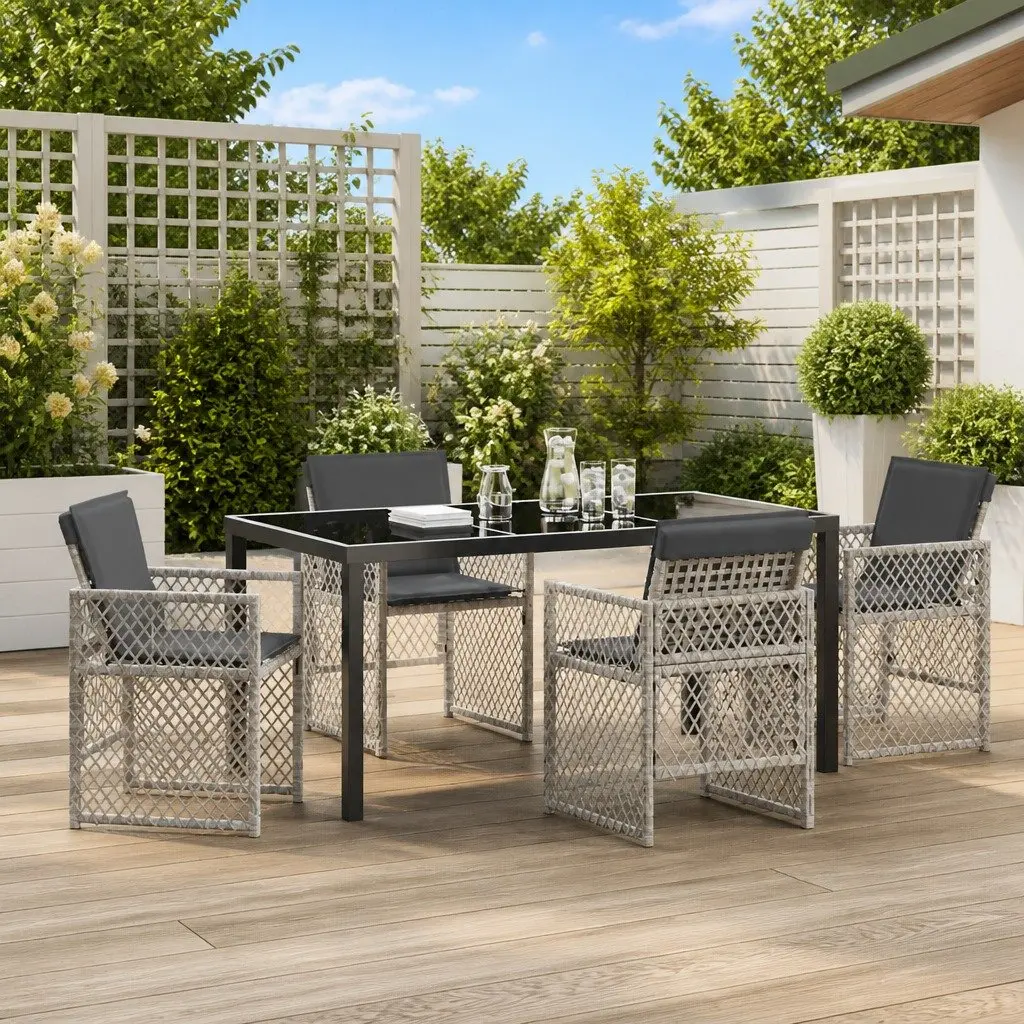 Garden Dining Set 5 Pieces Tempered Glass Table Poly Rattan Light Grey Outdoor Furniture