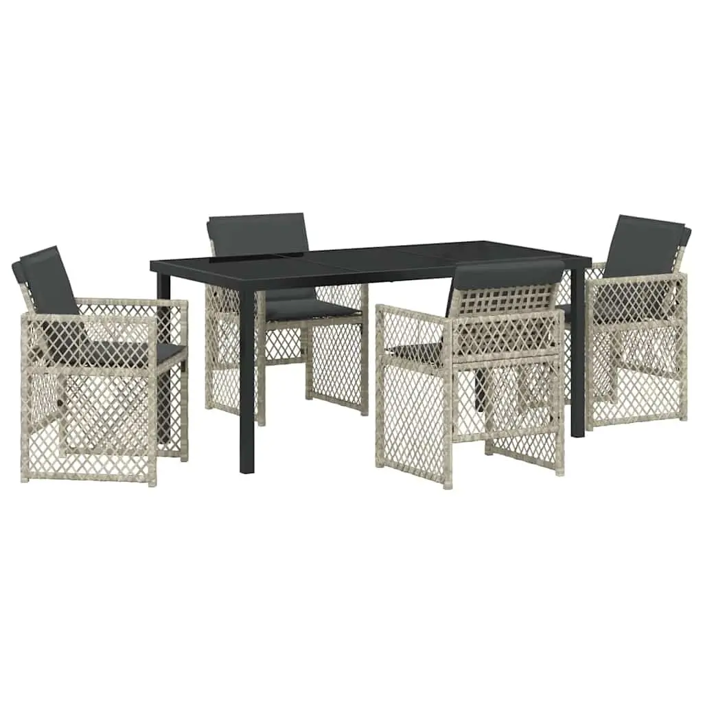 Garden Dining Set 5 Pieces Tempered Glass Table Poly Rattan Light Grey Outdoor Furniture