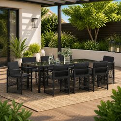 Garden Dining Set 9 Pieces Black Steel Outdoor Furniture Patio Table Chairs