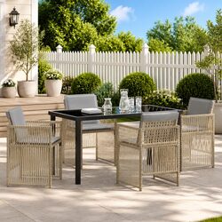 Garden Dining Set 5 Piece Outdoor Furniture Beige Steel Frame Rattan Armrests
