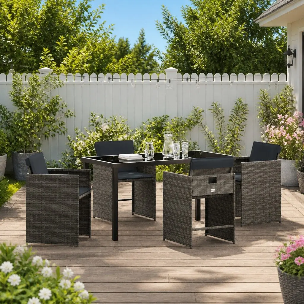 Garden Dining Set 5 Piece Grey Poly Rattan Outdoor Furniture with Tempered Glass Table and Steel Legs