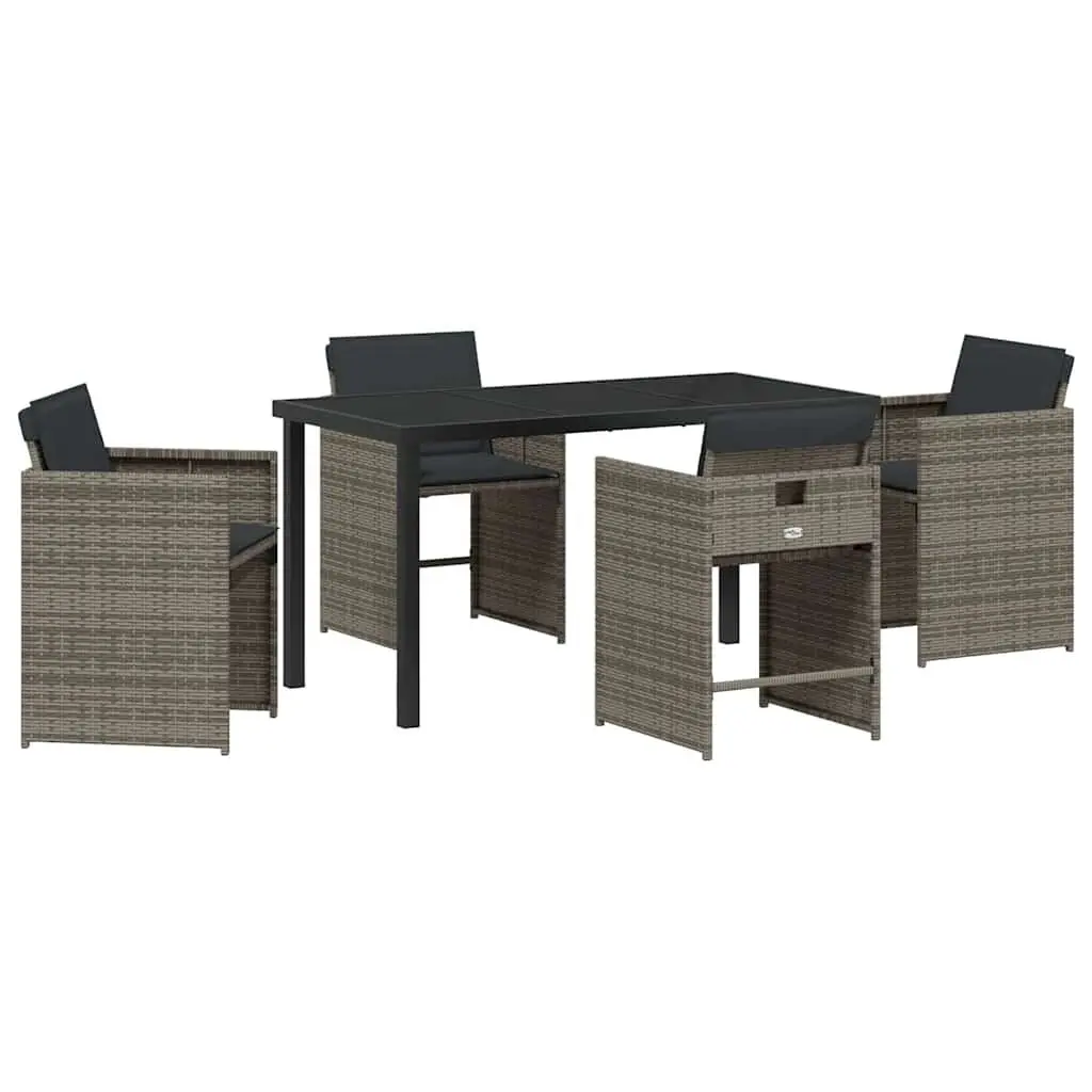 Garden Dining Set 5 Piece Grey Poly Rattan Outdoor Furniture with Tempered Glass Table and Steel Legs