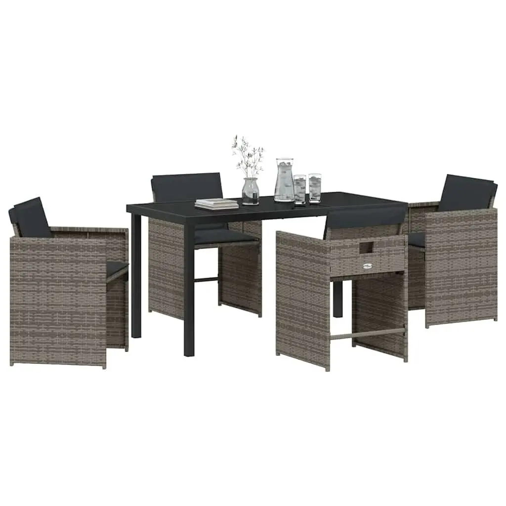 Garden Dining Set 5 Piece Grey Poly Rattan Outdoor Furniture with Tempered Glass Table and Steel Legs