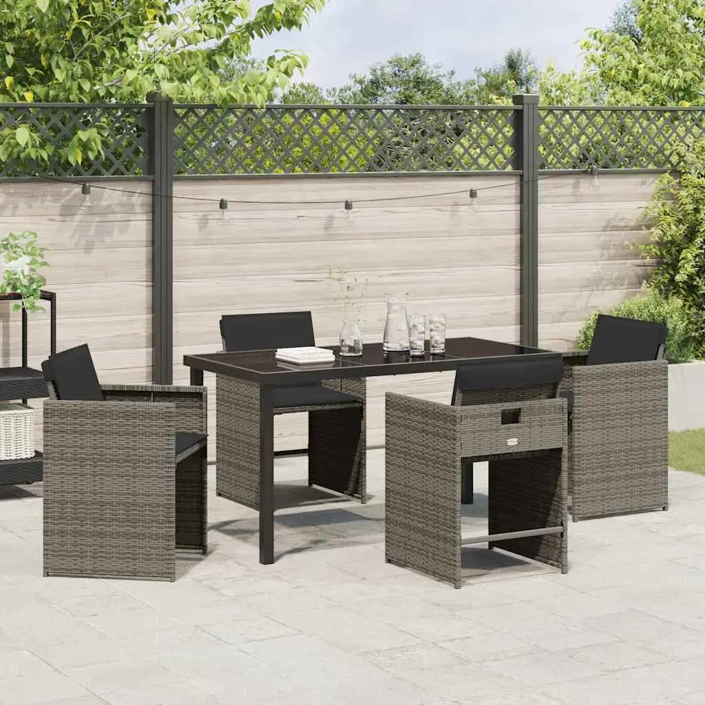 Garden Dining Set 5 Piece Grey Poly Rattan Outdoor Furniture with Tempered Glass Table and Steel Legs