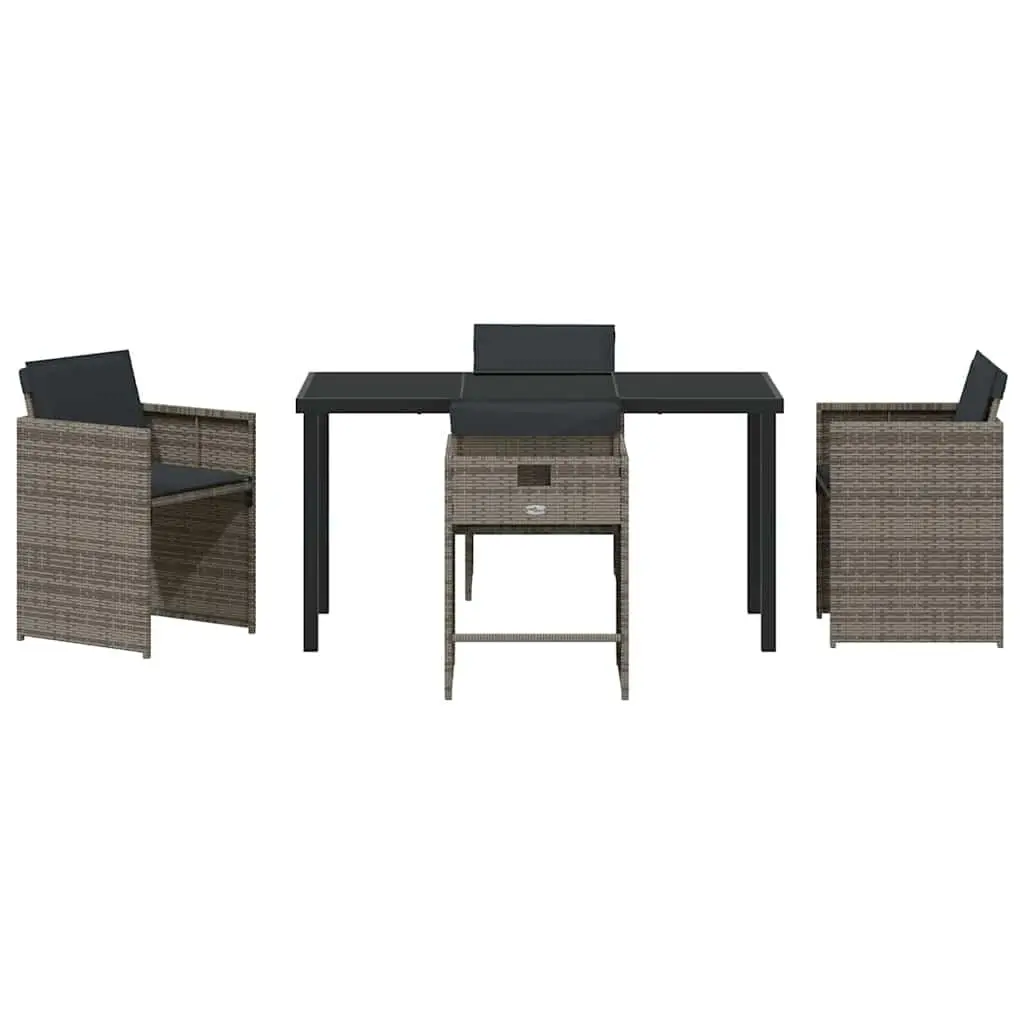 Garden Dining Set 5 Piece Grey Poly Rattan Outdoor Furniture with Tempered Glass Table and Steel Legs