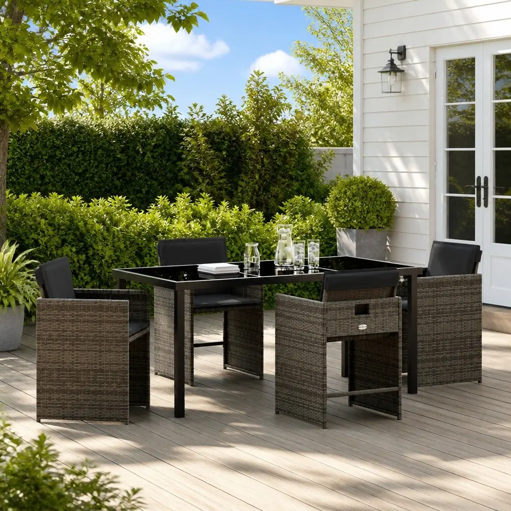 Garden Dining Set 5 Pieces Grey Poly Rattan Outdoor Furniture Table Chairs