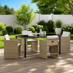 Garden Dining Set 5 Piece Outdoor Furniture Beige Poly Rattan Table Chairs