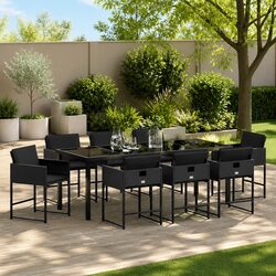 Outdoor Garden Dining Set 9 Pieces Black Poly Rattan Steel Frame Patio Furniture