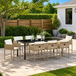 Garden Dining Set 9 Pieces Outdoor Furniture Patio Beige Rattan Steel Table