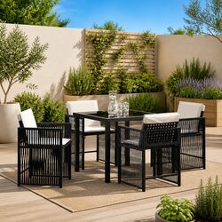Garden Dining Set 5 Piece Black Poly Rattan Outdoor Furniture Table Chairs