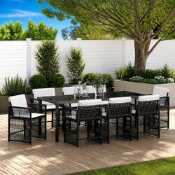 Garden Dining Set 9 Piece Black Outdoor Furniture with Glass Table and