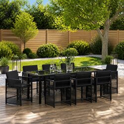 Outdoor Garden Dining Set 9 Pieces Black Poly Rattan Furniture Patio Table