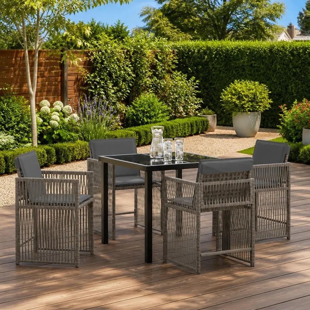Garden Dining Set 5 Piece Grey Poly Rattan Outdoor Furniture Patio Table Chairs