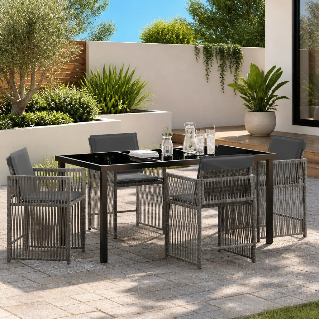 Outdoor Dining Set 5 Piece Poly Rattan Garden Furniture Grey with Glass Table and Cushioned Chairs