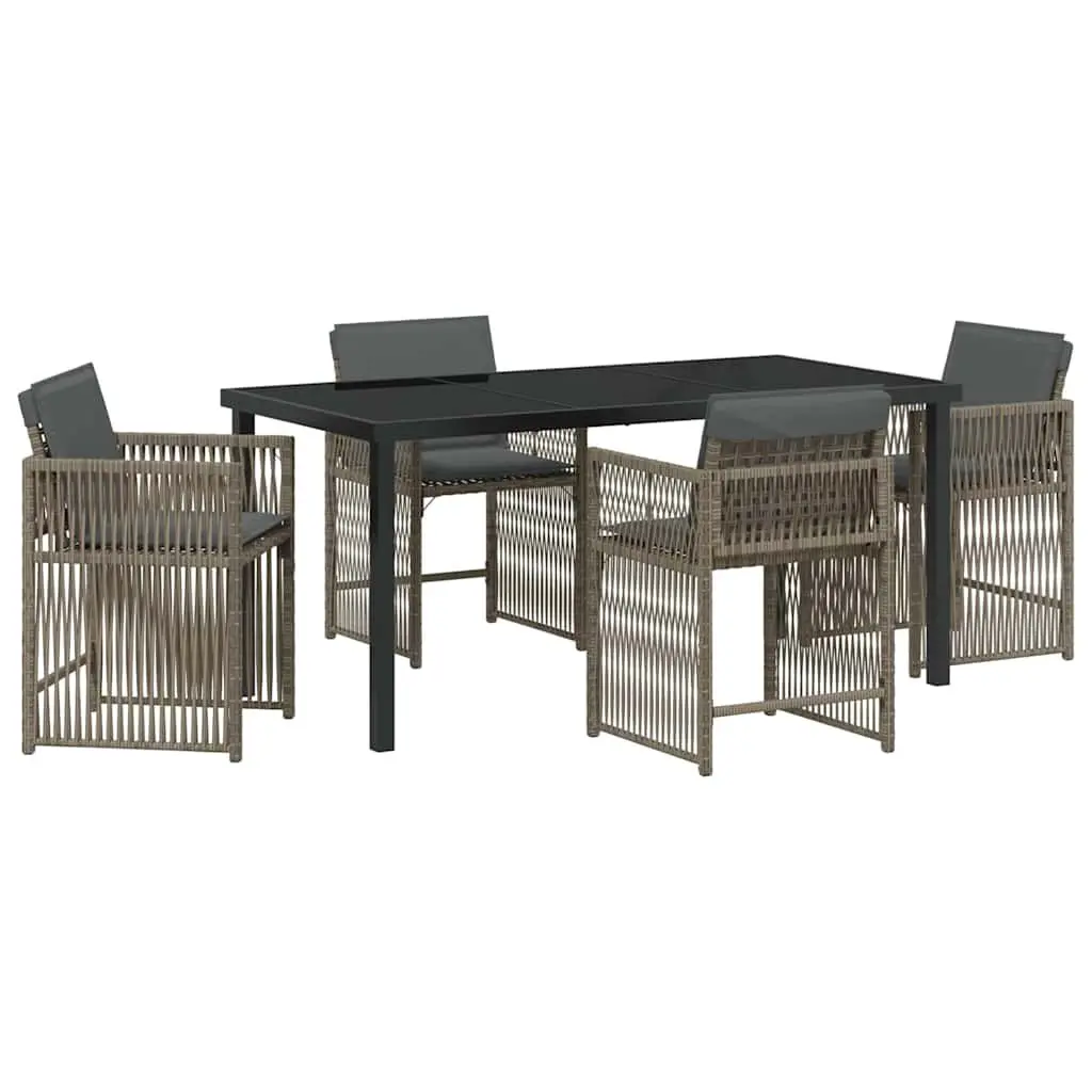Outdoor Dining Set 5 Piece Poly Rattan Garden Furniture Grey with Glass Table and Cushioned Chairs