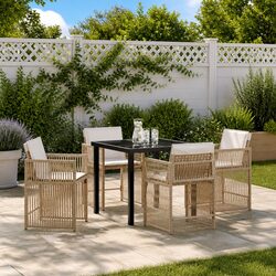 Garden Dining Set 5 Pieces Beige Outdoor Furniture Poly Rattan Table Chairs