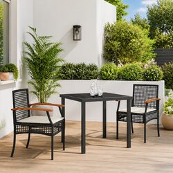 Garden Dining Set 3 Pieces Outdoor Furniture Black Rattan Chairs Glass Table