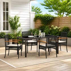 Garden Dining Set 5 Piece Outdoor Furniture Black Rattan Chairs Glass Top Table