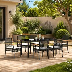 Outdoor Dining Set 7 Pieces Black Rattan Garden Furniture with Glass Table