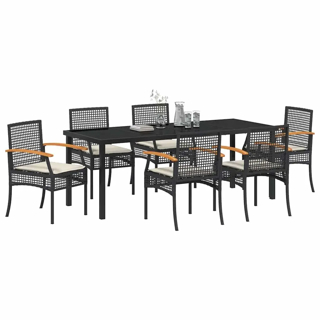 Garden Dining Set 7 Piece Outdoor Table and Chairs Solid Acacia Wood Black Rattan