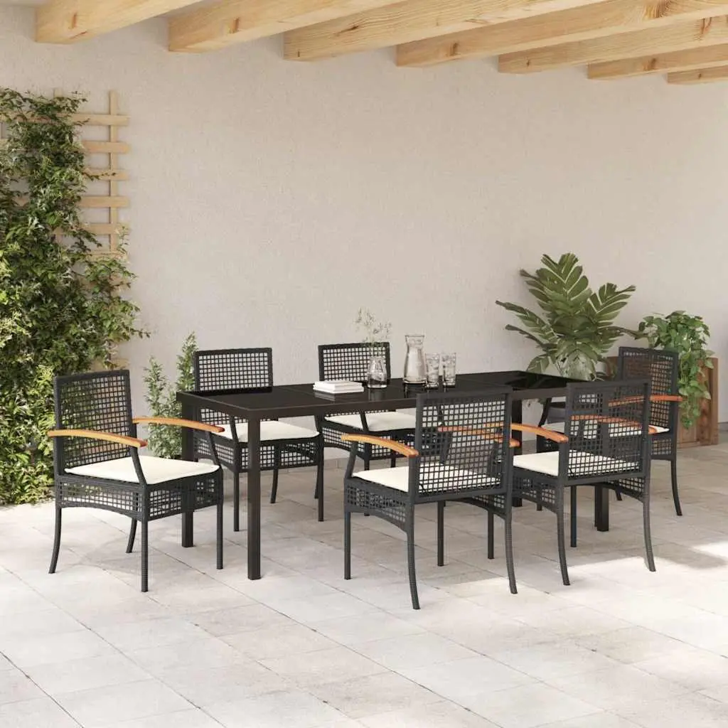 Garden Dining Set 7 Piece Outdoor Table and Chairs Solid Acacia Wood Black Rattan