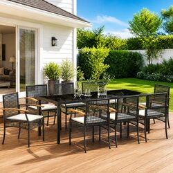 Garden Dining Set 9 Piece Outdoor Furniture Black Rattan Chairs Glass Table
