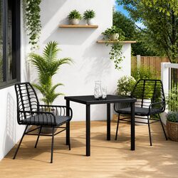 Outdoor Garden Dining Set 3 Piece Black Poly Rattan Patio Furniture Glass Table