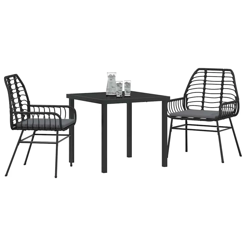 Outdoor Garden Dining Set 3 Piece Poly Rattan Black Patio Furniture Glass Table