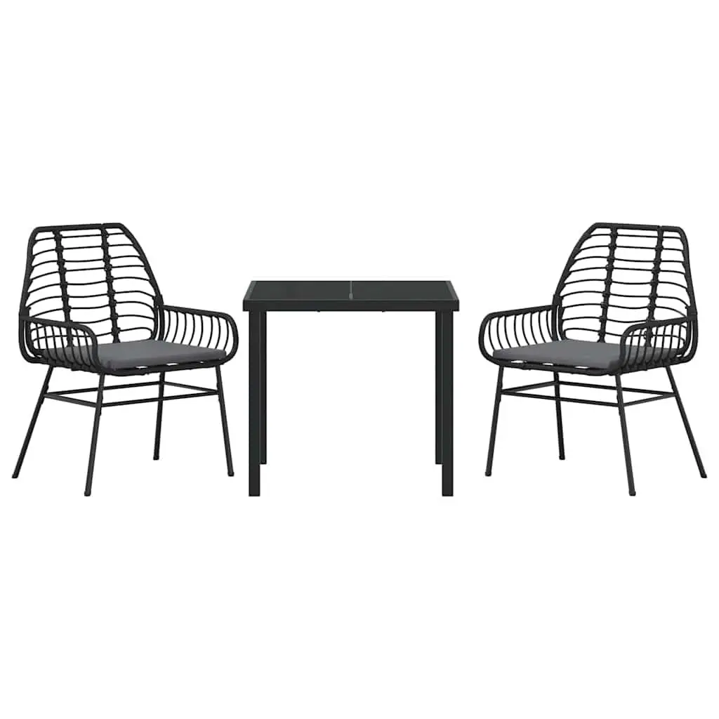 Outdoor Garden Dining Set 3 Piece Poly Rattan Black Patio Furniture Glass Table
