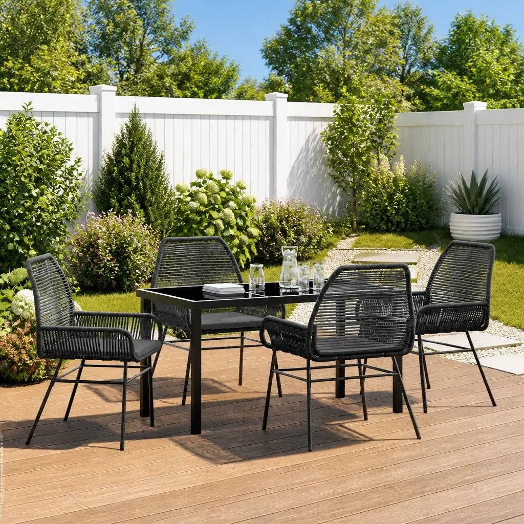 Outdoor Dining Set 5 Piece Black Poly Rattan Table Chair Cushion