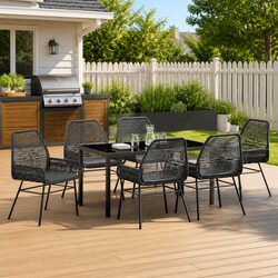 Garden Dining Set 7 Piece Outdoor Furniture Black Poly Rattan Tempered Glass