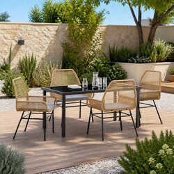 5-Piece Outdoor Garden Dining Set Brown Poly Rattan Table Chairs with Cushions