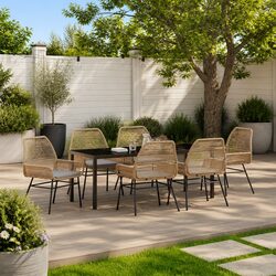 Outdoor Garden Dining Set 7 Piece Brown Poly Rattan Table Chairs Cushion Patio