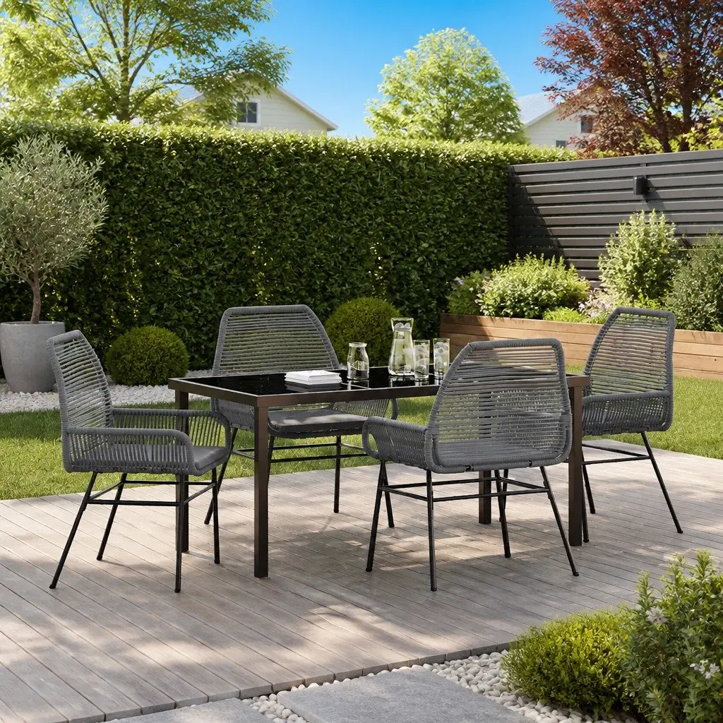 Garden Dining Set 5 Piece Grey Poly Rattan Outdoor Furniture with Cushions