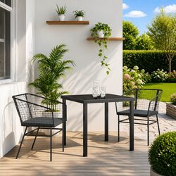 Outdoor Dining Set 3 Piece Black Poly Rattan Garden Furniture with Glass Table
