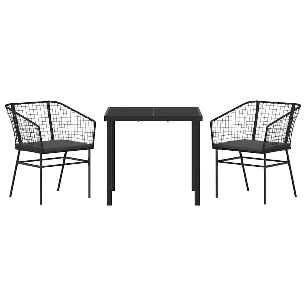 Outdoor Dining Set 3 Piece Black Poly Rattan Garden Furniture with Glass Table