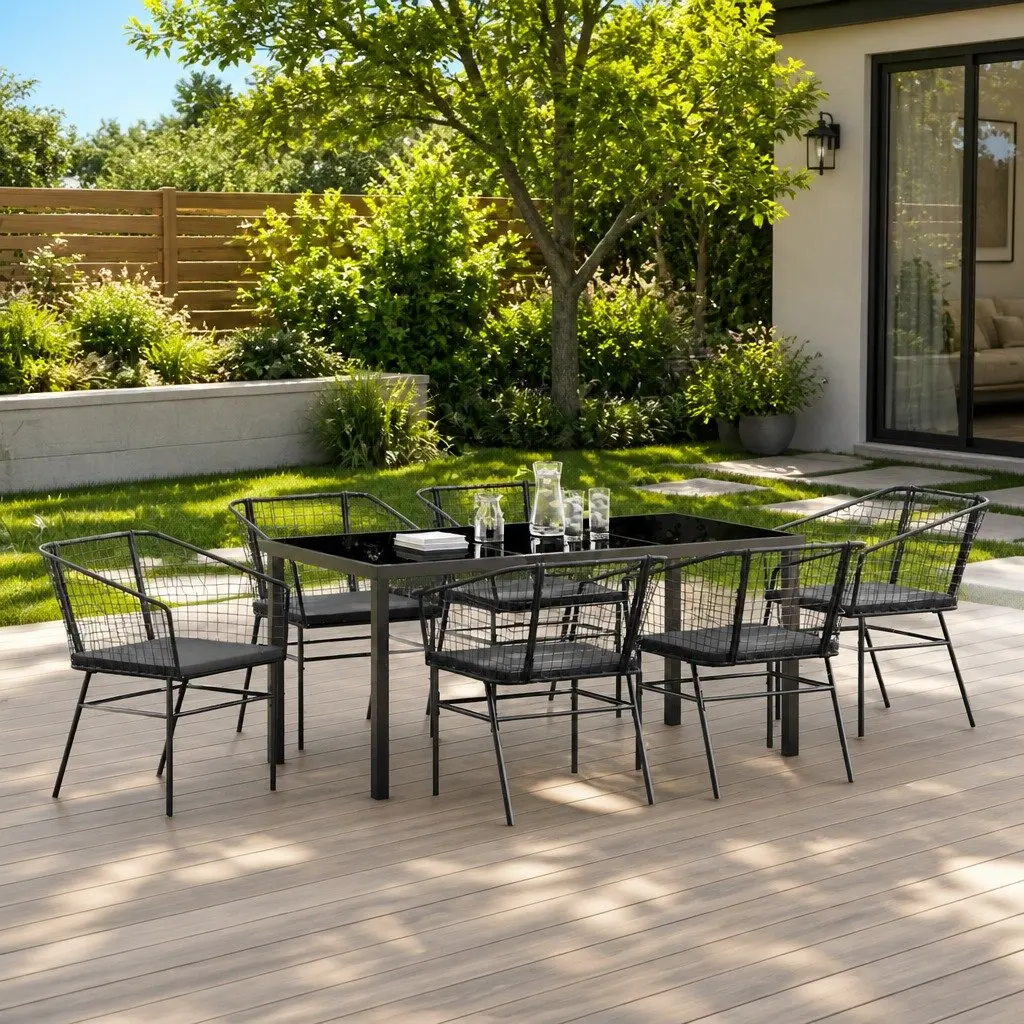 Outdoor Dining Set 7 Pieces Glass Table Black Poly Rattan