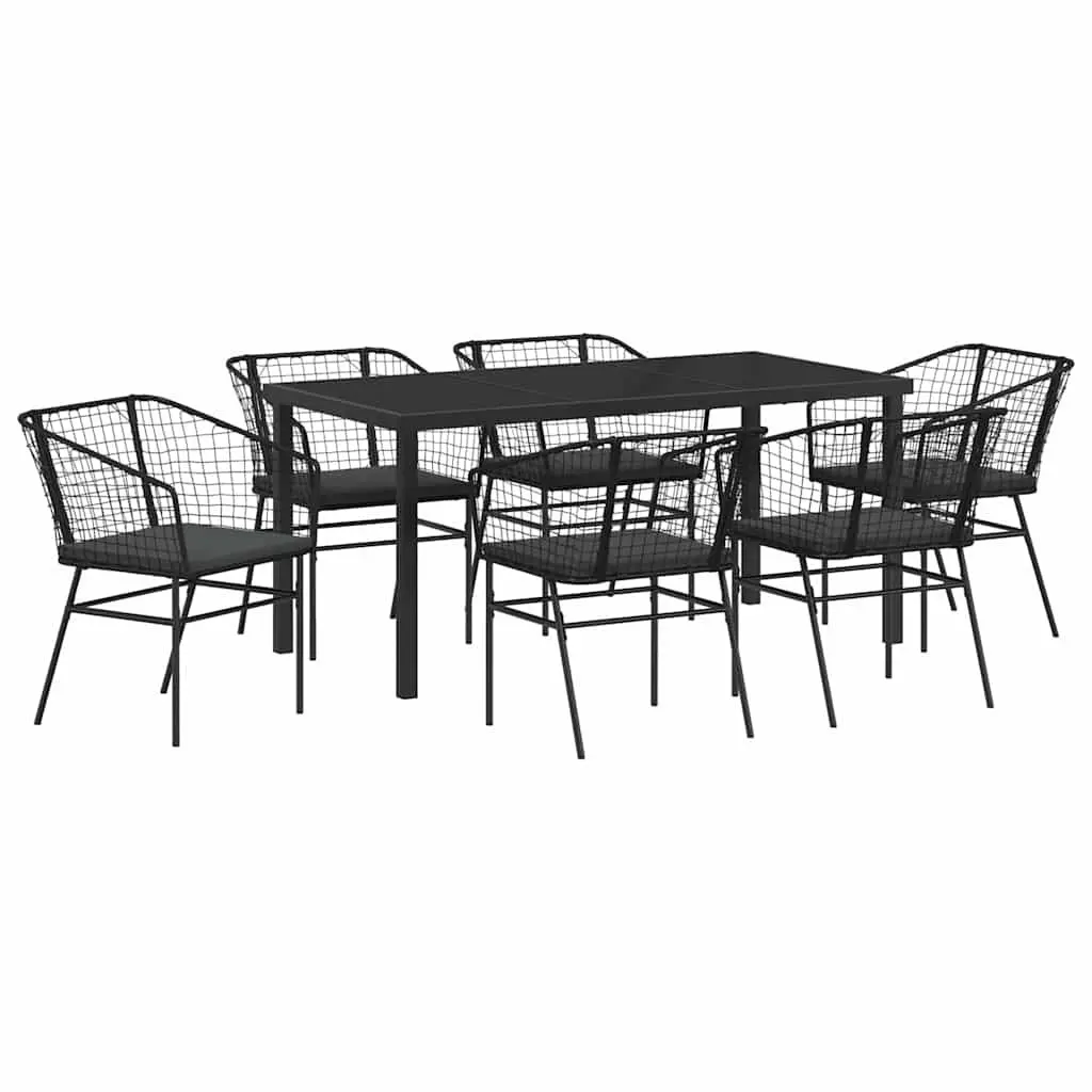 Outdoor Dining Set 7 Pieces Glass Table Black Poly Rattan