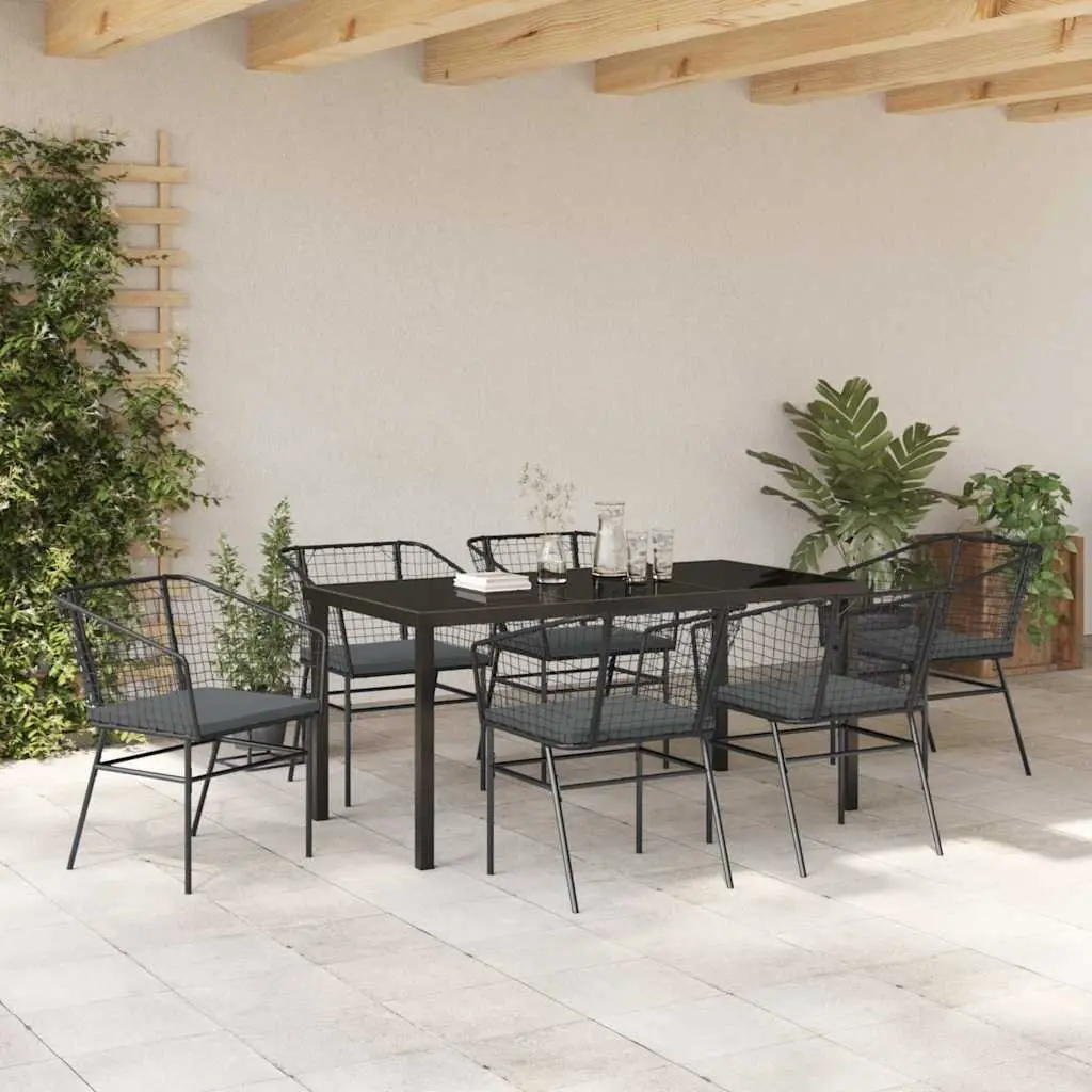 Outdoor Dining Set 7 Pieces Glass Table Black Poly Rattan