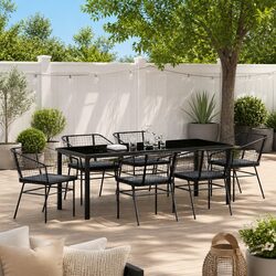 Outdoor Garden Dining Set 7 Piece Black Poly Rattan Glass Top Patio Furniture