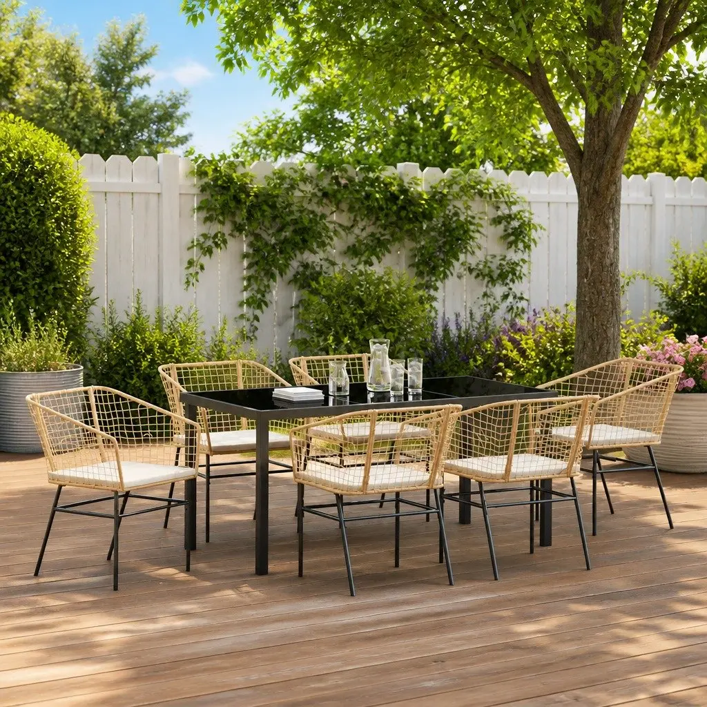 Garden Dining Set 7 Pieces Brown Outdoor Furniture Patio Table Chairs Glass Top