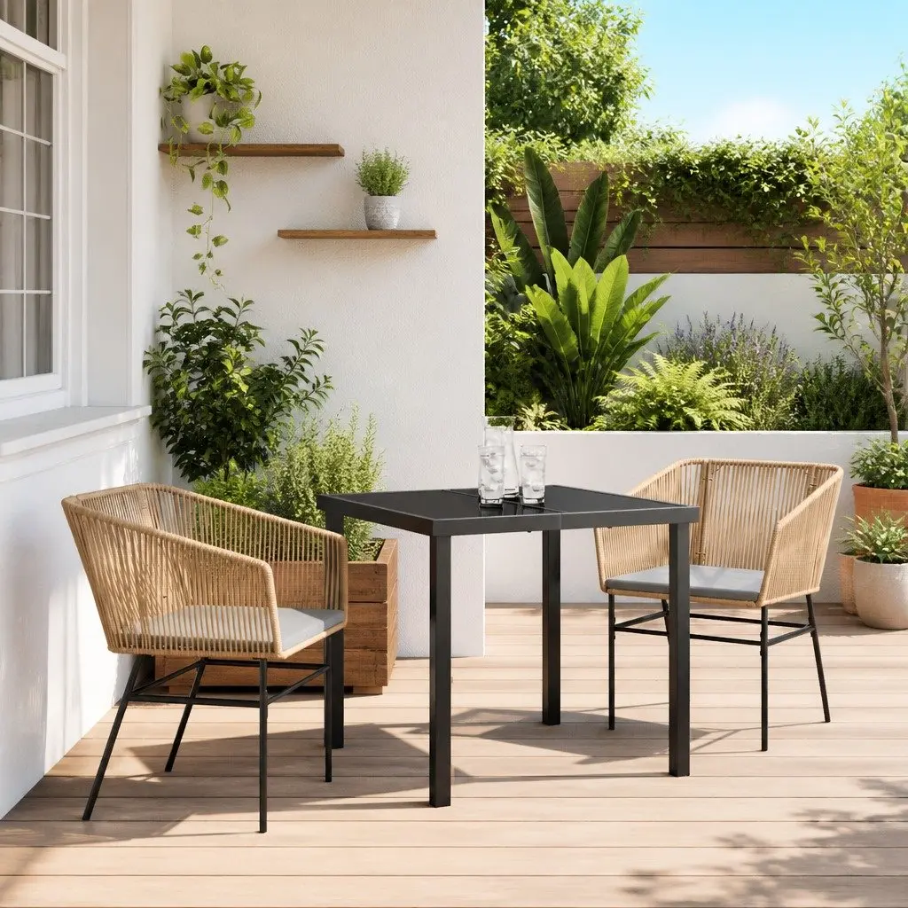 Garden Dining Set 3 Piece Outdoor Furniture Steel Frame Tempered Glass Table Brown