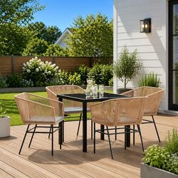 Garden Dining Set 5 Piece Outdoor Furniture Brown Steel Frame Tempered Glass